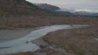 AK0001_0454 - 4K aerial stock footage flying low over river through grassland to shore, Prince William Sound, Alaska