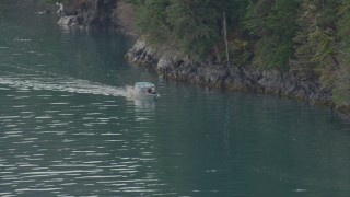 4K aerial stock footage track a boat, near tree lined shore of the bay, Prince William Sound, Alaska Aerial Stock Footage | AK0001_0457