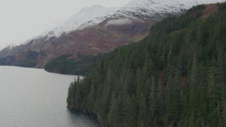 4K aerial stock footage flying along the coastline of the bay, tilting down, Blackstone Bay, Alaska Aerial Stock Footage | AK0001_0464