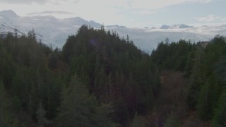 AK0001_0470 - 4K aerial stock footage approaching island, reveal glaciers spilling over shore, Blackstone Bay, Alaska