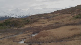 4K aerial stock footage flying over grassland, approach shoreline, reveal island, Blackstone Bay, Alaska Aerial Stock Footage | AK0001_0491