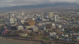 4K aerial stock footage flying by Downtown buildings, Downtown Anchorage, Alaska Aerial Stock Footage | AK0001_0586