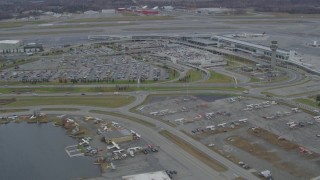 4K aerial stock footage approaching Ted Stevens Anchorage International Airport, Anchorage, Alaska Aerial Stock Footage | AK0001_0682