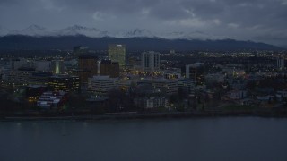 4K aerial stock footage fly over Knik Arm of the Cook Inlet, winter, by Downtown Anchorage, Alaska, twilight Aerial Stock Footage | AK0001_0733