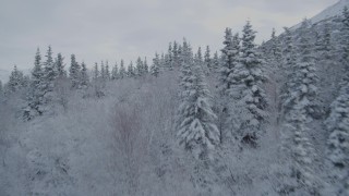 4K aerial stock footage flying over frosty slope, reveal snowy Chugach Mountains, Eagle River, Alaska Aerial Stock Footage | AK0001_0746