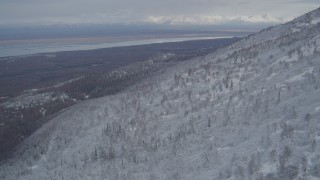 4K aerial stock footage video Knik Arm of the Cook Inlet in winter, seen from the Chugach Mountains, Alaska Aerial Stock Footage | AK0001_0757