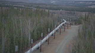 4K aerial stock footage follow pipeline down hill through forest, during winter, Trans-Alaska Pipeline, Alaska Aerial Stock Footage | AK0001_0988