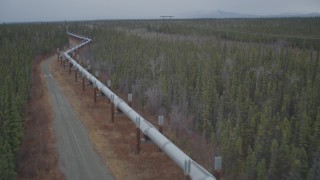 AK0001_0997 - 4K aerial stock footage reverse view of the pipeline through forest, during winter, Trans-Alaska Pipeline, Alaska