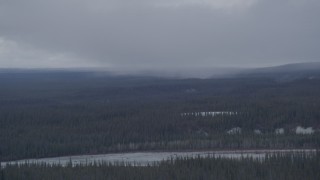 4K aerial stock footage evergreen forest around the Tazlina River, Alaska near rain clouds Aerial Stock Footage | AK0001_1043