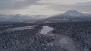 AK0001_1053 - 4K aerial stock footage flying over snow covered forest toward Long Lake, Alaska