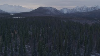 AK0001_1070 - 4K aerial stock footage flying over wooded hills toward snowy peaks, Matanuska River Valley, Alaska