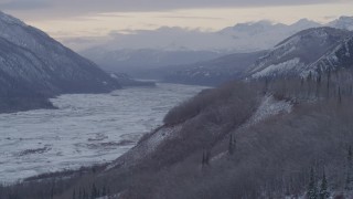 4K aerial stock footage the snow covered Talkeetna Mountains and Matanuska River Valley, Alaska Aerial Stock Footage | AK0001_1091