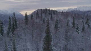 4K aerial stock footage flying over snow covered, wooded hills near Matanuska River Valley, Alaska Aerial Stock Footage | AK0001_1096