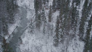 4K aerial stock footage flying low over river through snow covered forest, Chugach Mountains, Alaska Aerial Stock Footage | AK0001_1200