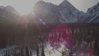 AK0001_1362 - 4K aerial stock footage speeding over snowy ground, ascend forest toward Chugach Mountains, Alaska