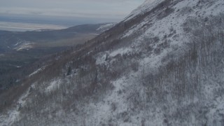 4K aerial stock footage flying up snow covered, wooded mountain slopes, Chugach Mountains, Alaska Aerial Stock Footage | AK0001_1557