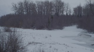 4K aerial stock footage video flying over a cluster of trees, revealing snow covered Knik River Valley, Alaska Aerial Stock Footage | AK0001_1581