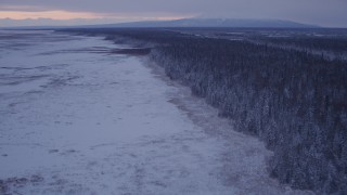 AK0001_1694 - 4K aerial stock footage flying over frozen, snowy ground beside forest at twilight, Point MacKenzie, Alaska