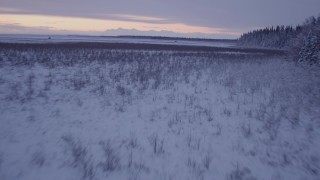 AK0001_1697 - 4K aerial stock footage flying low over frozen, snow covered ground at twilight, Point MacKenzie, Alaska