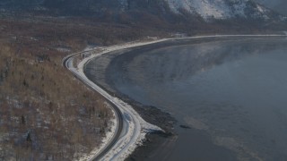 4K aerial stock footage Seward Highway on the Turnagain Arm, Alaska in snow Aerial Stock Footage | AK0001_1742