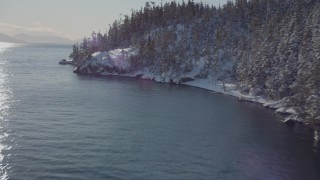 AK0001_1840 - 4K aerial stock footage flying along snowy, wooded shore of Port Wells, Alaska