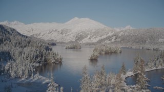 AK0001_1880 - 4K aerial stock footage flying over snowy, wooded shore revealing Hummer Bay, Port Wells, Alaska