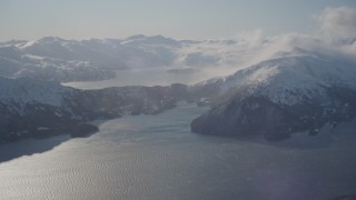 4K aerial stock footage pan across Passage Canal, Shotgun Cove, snowy Chugach Mountains, Alaska Aerial Stock Footage | AK0001_1908