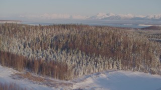 4K aerial stock footage flying by snowy wooded hills in Big Lake Area, Alaska Aerial Stock Footage | AK0001_2052