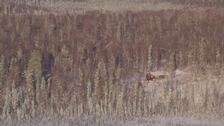 4K aerial stock footage a cabin hidden in snow covered trees in Big Lake Area, Alaska Aerial Stock Footage | AK0001_2054