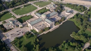 AX0001_010 - 4.8K aerial stock footage Orbitting Museum of Science and Industry, Hyde Park, Chicago, Illinois