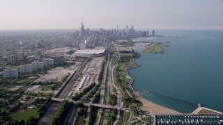 AX0001_017 - 4.8K aerial stock footage  following Highway 41 toward McCormick Place and Downtown Chicago, Illinois