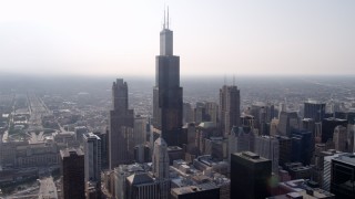 4.8K aerial stock footage flying by the Willis Tower, Downtown Chicago, Illinois Aerial Stock Footage | AX0001_025