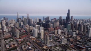 4.8K aerial stock footage approaching Downtown Chicago skyscrapers, Illinois Aerial Stock Footage | AX0001_066