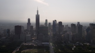 4.8K aerial stock footage of Willis Tower and skyscrapers in Downtown Chicago, Illinois Aerial Stock Footage | AX0001_095