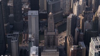 4.8K aerial stock footage tilting down on Kemper Building and 35 East Wacker in Downtown Chicago, Illinois Aerial Stock Footage | AX0001_116