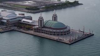 AX0001_124 - 4.8K aerial stock footage of an orbit of the end of Navy Pier, Chicago, Illinois