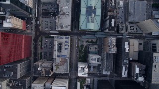 4.8K aerial stock footage video of bird's eye view of S State Street, revealing the Harold Washington Library Center, Downtown Chicago, Illinois Aerial Stock Footage | AX0001_141