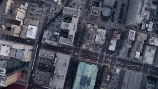 4.8K aerial stock footage of a bird's eye view of Harold Washington Library Center and S State Street, Downtown Chicago, Illinois Aerial Stock Footage | AX0001_142