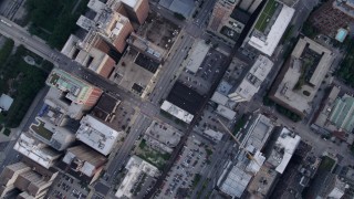 4.8K aerial stock footage of a bird's eye view of downtown buildings along S Wabash Avenue, on a cloudy day, Chicago, Illinois Aerial Stock Footage | AX0001_143