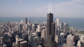 AX0002_033 - 4.8K aerial stock footage flyby Willis Tower and downtown skyscrapers in Downtown Chicago, Illinois