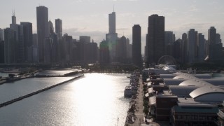 4.8K aerial stock footage of flying over Navy Pier toward Chicago River and Downtown Chicago, Illinois Aerial Stock Footage | AX0002_050