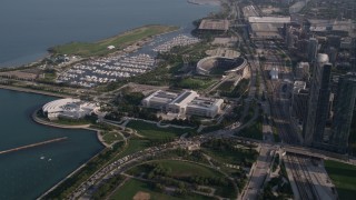 AX0002_081 - 4.8K aerial stock footage approach Shedd Aquarium, Field Museum of Natural History, Soldier Field, Chicago, Illinois