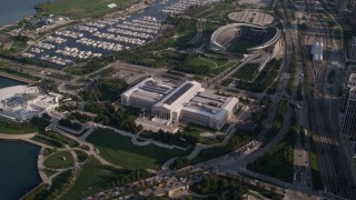 4.8K aerial stock footage of Field Museum of Natural History and Soldier Field, Downtown Chicago, Illinois Aerial Stock Footage | AX0002_082