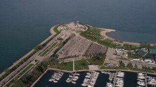 AX0002_084 - 4.8K aerial stock footage orbit Adler Planetarium and Astronomy Museum, Chicago, Illinois