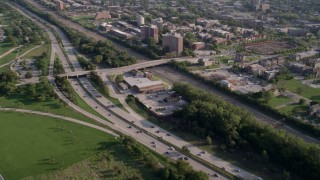 AX0002_091 - 4.8K aerial stock footage approach Highway 41, and tilt revealing apartments in Hyde Park, Chicago, Illinois