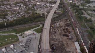 4.8K aerial stock footage of bird's eye of the Chicago Skyway over the Calumet River, on a hazy day, at twilight, Illinois Aerial Stock Footage | AX0003_013