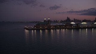 4.8K aerial stock footage approach and flyby the end of Navy Pier at twilight, Chicago, Illinois Aerial Stock Footage | AX0003_126