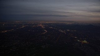 5K aerial stock footage of lights of San Gabriel Valley at twilight, California Aerial Stock Footage | AX0008_064