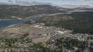 5K aerial stock footage orbit lakeside shopping center in the small town of Big Bear Lake, California in winter Aerial Stock Footage | AX0009_139