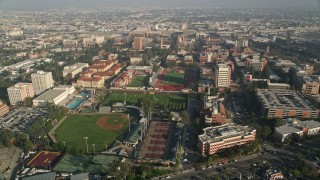 AX0017_045 - 5K aerial stock footage of baseball field and Cromwell Field, University of Southern California